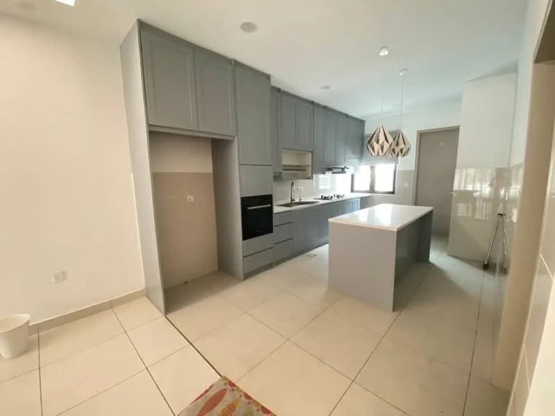 Kitchen features: grey cabinetry, white countertop, built-in oven, stainless-steel range hood, 4-burner gas hob, single-bowl stainless-steel sink, chrome pull-down faucet, pendant light fixture, tile flooring, white walls, window with natural light; style: modern.