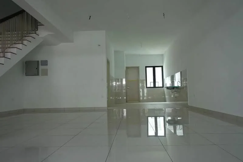 Room features: white painted walls, glossy white floor tiles, large windows, kitchen area with wall-mounted cabinets, single-bowl stainless-steel sink, chrome pull-down faucet, open layout, staircase visible in background; style: modern.
