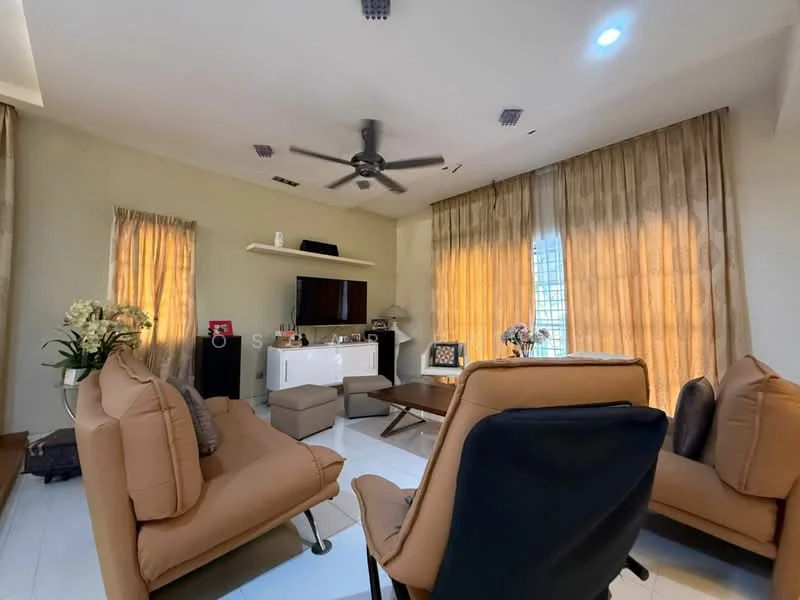 Living features: 3-seater fabric sofa in beige, 2-seater fabric sofa in brown, wooden coffee table, TV console, wall-mounted TV, floor-to-ceiling windows, sheer curtains, 5-blade ceiling fan with light, recessed downlights, decorative plants in ceramic pots, light-colored walls, white tiled flooring; style: modern; view: city.