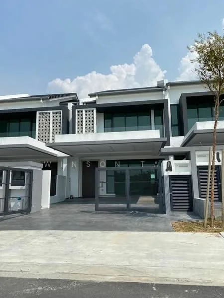 Exterior type: linked terrace house; features: white painted facade, glass windows, projecting balconies, stone cladding, flat roof, manicured lawn, paved driveway, modern architectural design; style: modern.