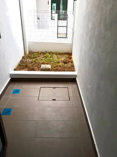 Room features: grey tiled flooring, white painted walls, small patch of grass, fenced area, drainage access point, natural light from outside; style: modern; view: garden.