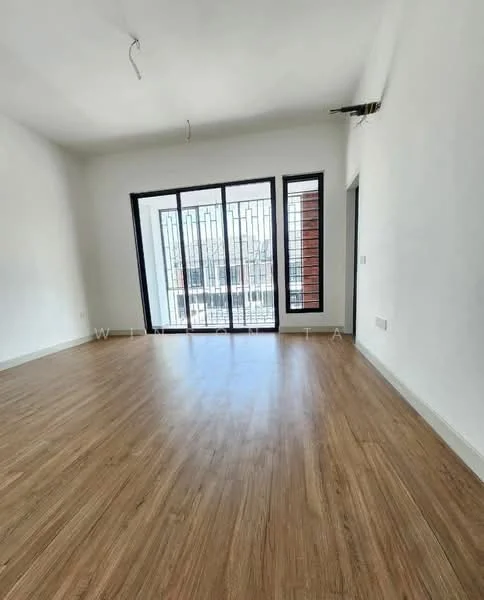 Living features: laminate flooring, white painted walls, floor-to-ceiling windows, sliding glass door, black metal grille, natural light, high ceiling, air conditioning unit; style: modern; view: city.