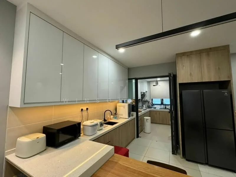 Kitchen features: white glossy cabinetry, wooden cabinetry, grey countertop, stainless-steel sink, chrome pull-down faucet, built-in microwave, toaster, stainless-steel fridge, recessed LED downlights, pendant light, white tiled backsplash, open shelving, kitchen island with seating, ceramic tile flooring; style: modern.