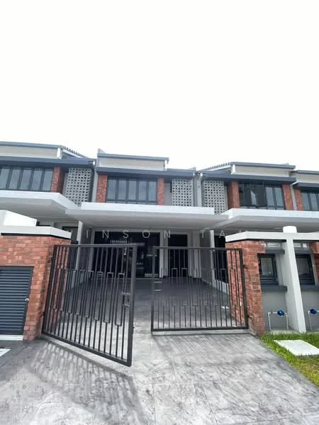 Exterior type: linked terrace house; features: red brick facade, glass windows, metal gate, concrete driveway, manicured lawn, two-storey structure, overhanging eaves, decorative wall panels, modern architectural design; style: modern.