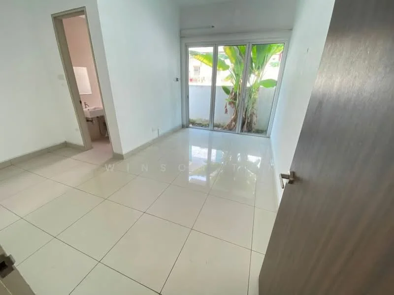 Room features: white painted walls, glossy tile flooring, floor-to-ceiling windows, sliding glass door, natural light from windows, view of greenery, neutral color scheme, minimalist design; style: modern; view: garden.