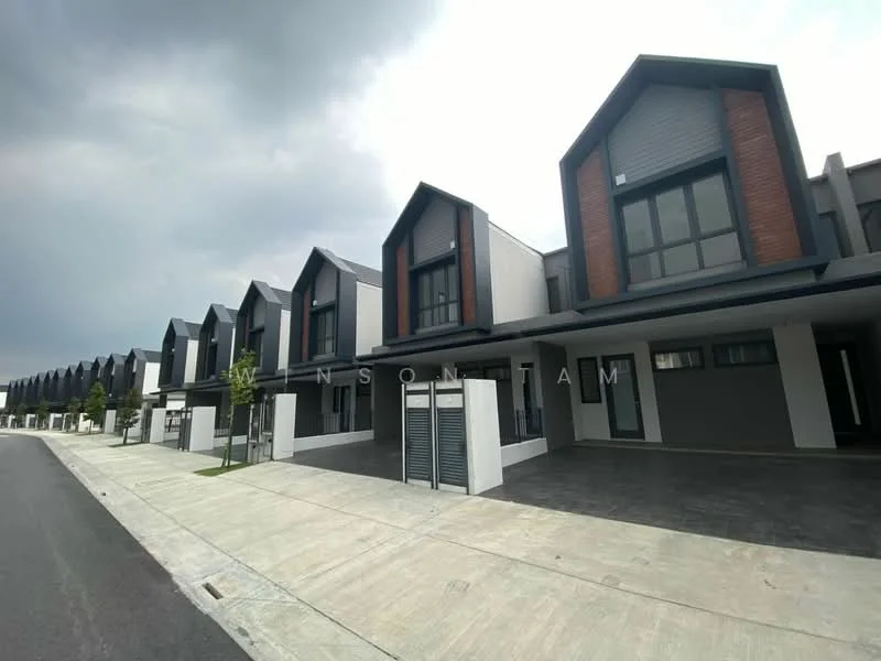 Exterior type: linked terrace house; features: grey painted facade, brick accents, gabled roof, front porch area, paved driveway, manicured lawn, modern architectural design, multiple units in row, large windows, double-volume entrance, concrete walkway; style: modern.