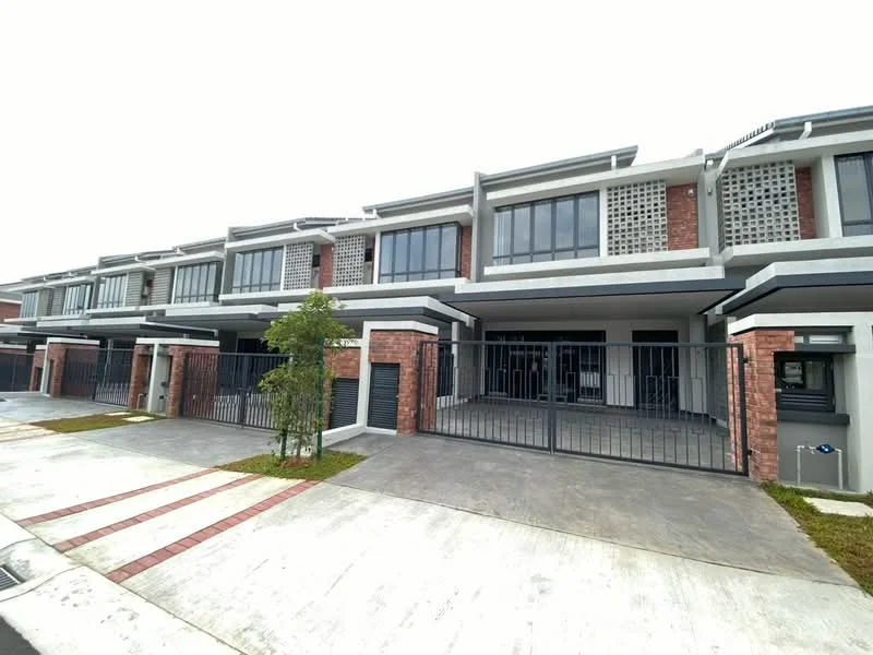 Exterior type: linked terrace house; features: red brick facade, glass windows, metal grilles, concrete driveway, manicured lawn, paved walkway, gated entry, two-storey structure, horizontal louvre screens, modern architectural design; style: modern.