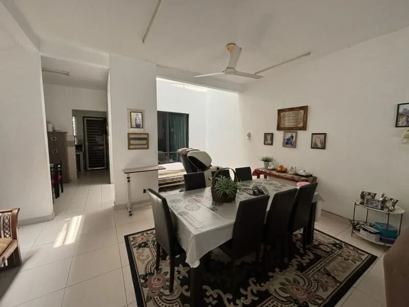 Dining features: dining table with white tablecloth, 8 upholstered dining chairs, area rug with floral pattern, ceiling fan, white painted walls, tile flooring, decorative wall frames, potted plant on table; style: modern. Room features: white painted walls, tile flooring, open layout, natural light from large window.