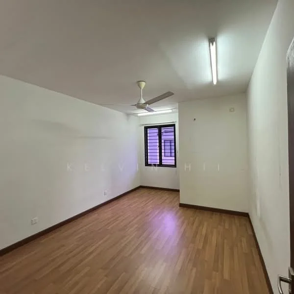 Room features: white painted walls, laminate flooring, ceiling fan, window with black frame, light fixture, no visible furniture.