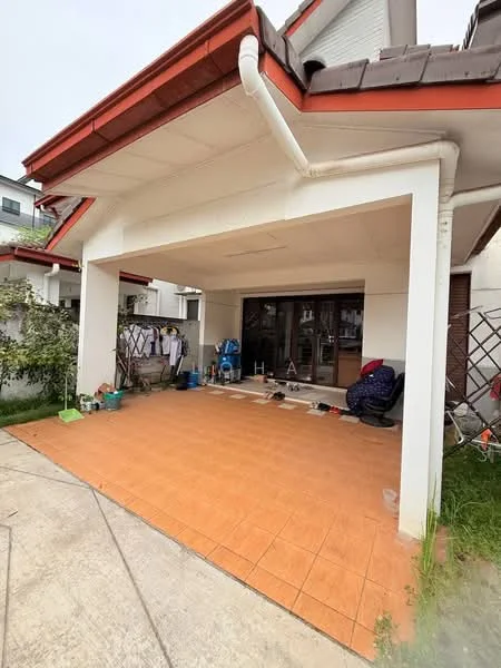 Exterior type: detached bungalow; features: covered porch, terracotta tile flooring, white painted facade, red tiled roof, large glass sliding doors, manicured lawn, concrete pathway, outdoor furniture, clothes drying area, garden area; style: modern.