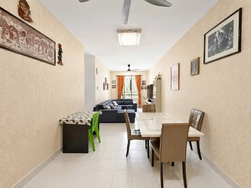 Dining features: white painted walls, tile flooring, 5-blade ceiling fan, dining table with light wood finish, 4 dining chairs in beige, green plastic chair, decorative wall art, framed photographs, window with sheer curtains, natural light from window, open layout to living area; style: modern. Living features: sofa in dark blue fabric, coffee table, TV console, decorative items on console, large window with curtains, natural light from window; style: modern.