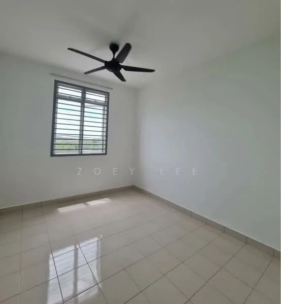 Room features: white painted walls, tile flooring, 5-blade ceiling fan, window with horizontal slats, natural light from window.