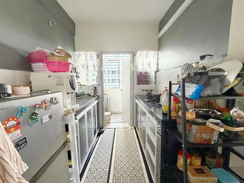Kitchen features: grey painted walls, white cabinetry, stainless-steel fridge, gas stove, black countertop, tile flooring with geometric pattern, open shelving, window with sheer curtains, multiple storage containers, kitchen utensils, sink, door leading to outside, wall-mounted shelves; style: modern.