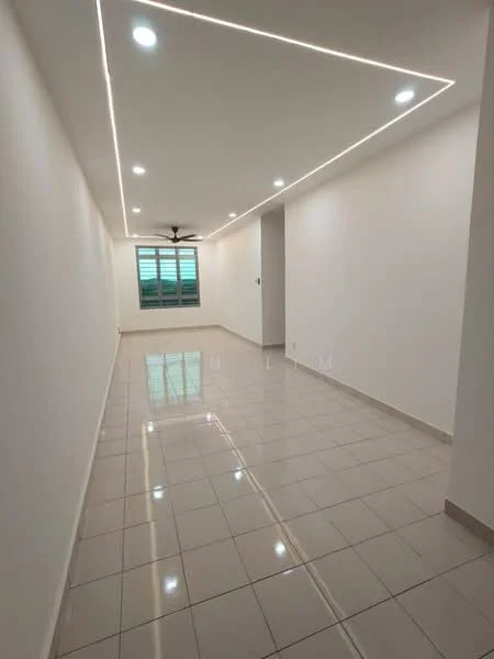 Living features: white painted walls, glossy ceramic tile flooring, recessed LED downlights, 5-blade ceiling fan, floor-to-ceiling windows, window treatments with horizontal blinds, neutral color scheme, open layout; style: modern; view: city.