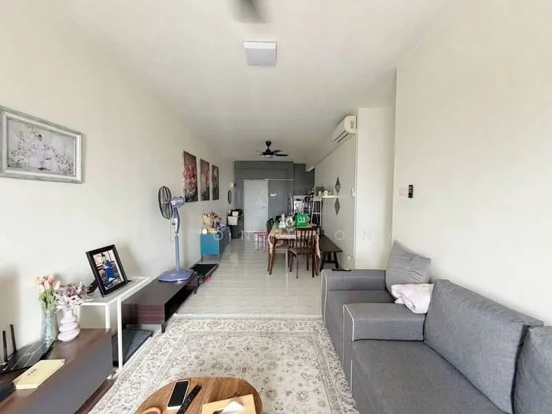 Living features: grey fabric sofa, wooden coffee table, area rug with geometric pattern, wall-mounted TV, TV console, ceiling fan, light-colored walls, tile flooring, decorative wall art, dining table with chairs, open layout to kitchen, window with natural light; style: modern.