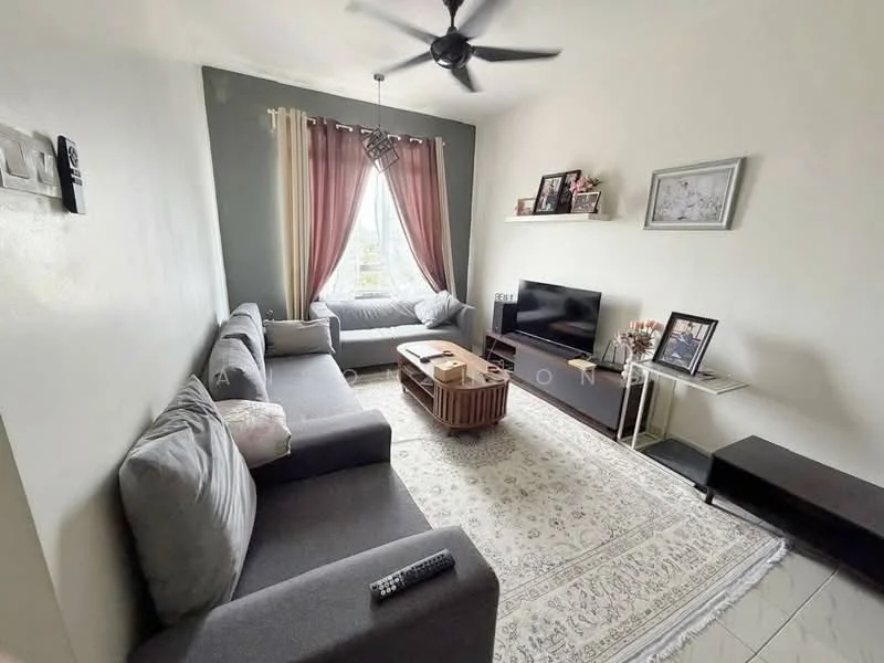 Living features: 3-seater fabric sofa in grey, 2-seater fabric sofa in grey, coffee table with wooden top, TV console in dark wood, wall-mounted TV, area rug with geometric pattern, ceiling fan with light, floor-to-ceiling window with sheer curtains, decorative wall shelf, framed photographs on shelf, decorative candle holders; style: modern; view: city.