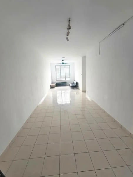 Room features: white painted walls, glossy ceramic tile flooring, ceiling with recessed downlights, large window with grid pattern, single ceiling fan, minimalist decor, open layout, natural light from window; style: modern.