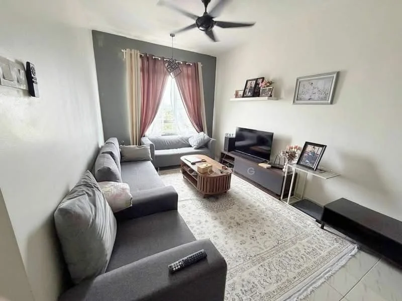 Living features: 3-seater fabric sofa in grey, 2-seater fabric sofa in grey, coffee table with wooden top, TV console in dark wood, wall-mounted TV, area rug with intricate pattern, floor-to-ceiling window with sheer curtains, ceiling fan with light, decorative wall shelf, framed photographs on display, wall with grey accent paint, light-coloured walls, decorative plants in pots; style: modern; view: city.