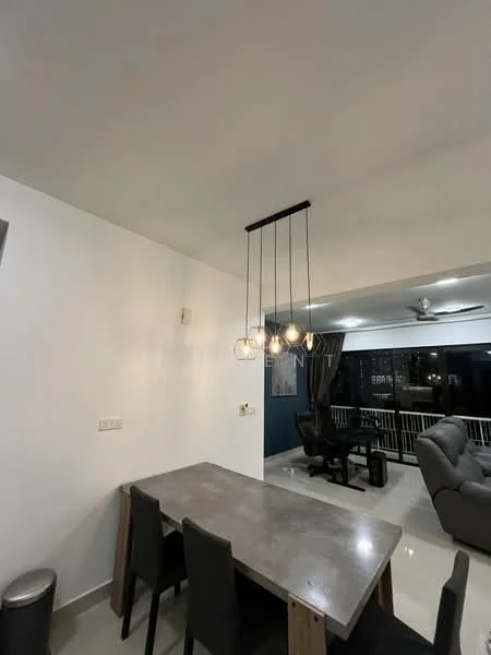 Dining features: grey concrete dining table, 4 black dining chairs, pendant light fixture with multiple bulbs, white painted walls, large window with city view, floor-to-ceiling windows, light-colored tiled flooring, ceiling fan with light; style: modern; view: city. Living features: grey fabric sectional sofa, black coffee table, TV console, wall-mounted TV, black curtains, light-colored tiled flooring; style: modern; view: city.