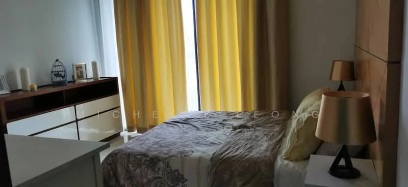 Bedroom features: queen-size bed with patterned bedding, wooden headboard, two bedside lamps with gold shades, white nightstands, brown wooden dresser, floor-to-ceiling windows, yellow curtains, decorative picture frames on dresser, light-colored walls, carpeted flooring; style: modern.