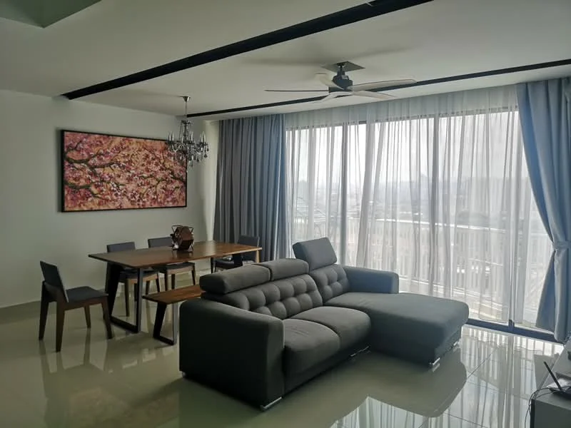 Living features: L-shape sectional sofa in grey, 5-blade ceiling fan with light, chandelier, dining table with 4 chairs, framed artwork with floral pattern, floor-to-ceiling windows, sheer curtains, grey curtains, polished tile flooring, decorative wall with accent lighting; style: modern; view: city.