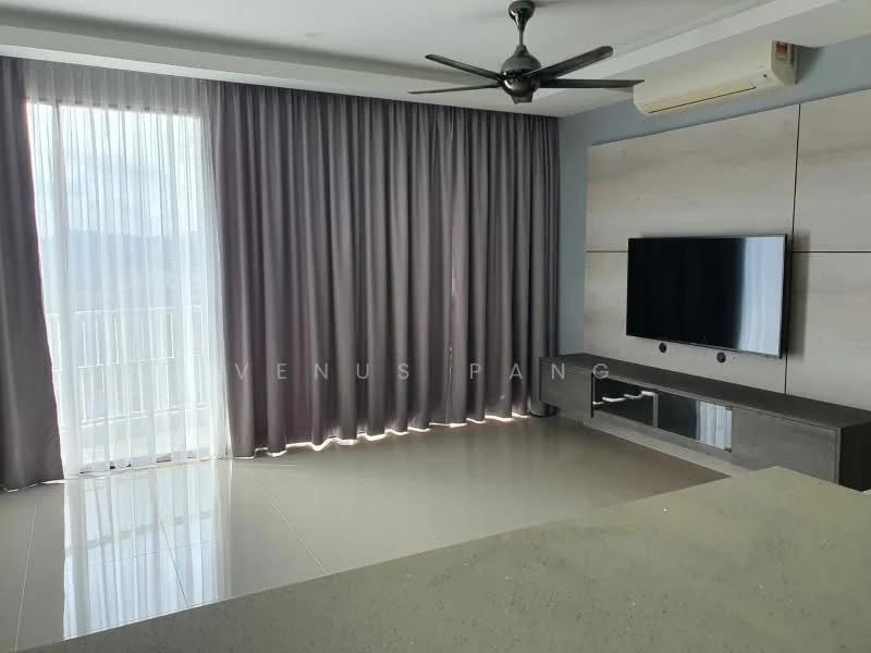 Living features: floor-to-ceiling windows, grey curtains, wall-mounted TV, light grey feature wall, built-in cabinetry, ceiling fan, polished tile flooring, air conditioning unit; style: modern.
