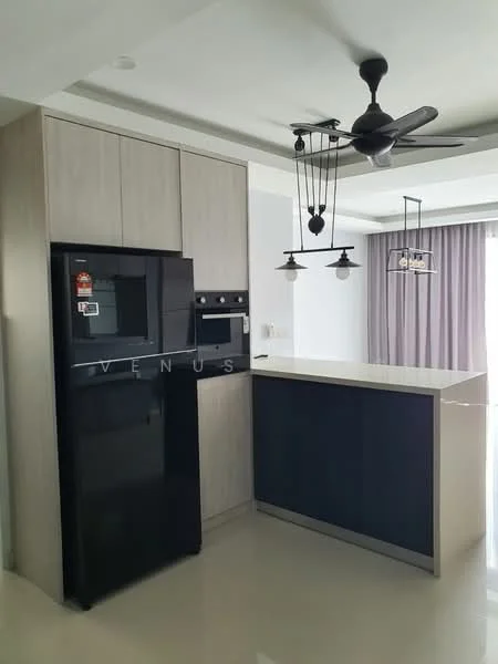 Kitchen features: black stainless-steel fridge, built-in oven, black countertop, light wood cabinetry, dark blue lower cabinets, pendant lighting, 5-blade ceiling fan with light, white walls, recessed ceiling lights, floor-to-ceiling windows with sheer curtains, open layout; style: modern.