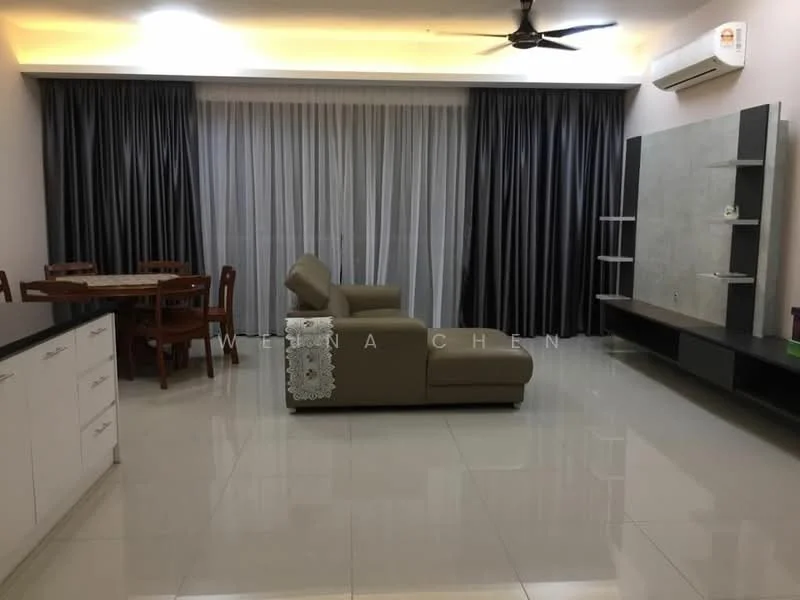 Living features: 3-seater fabric sofa in beige, coffee table, TV console, wall-mounted TV, dining table for 4 with wooden chairs, floor-to-ceiling windows, sheer curtains, blackout curtains, recessed downlights, polished ceramic tile flooring, air conditioning unit, decorative wall panel; style: modern.