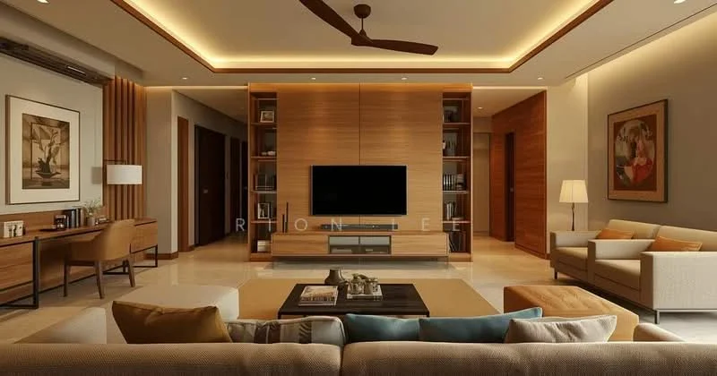 Living features: cream painted walls, wood paneling, recessed downlights, 5-blade ceiling fan, large wall-mounted TV, wooden TV console, coffee table with dark surface, beige fabric sofa, light grey armchair, decorative artwork on walls, side table with lamp, open shelving unit, area rug with geometric pattern; style: modern.