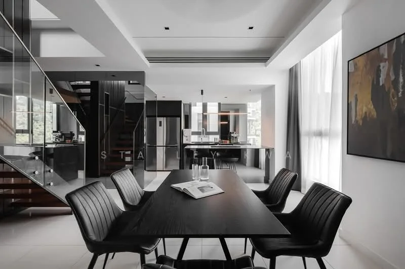 Dining features: black dining table, 4 black leather dining chairs, large window with sheer curtains, white walls, recessed ceiling lights, open-plan layout, decorative wall art, tile flooring; style: modern. Kitchen features: stainless-steel fridge, built-in oven, black cabinetry, white countertops, kitchen island, pendant lighting, open shelving; style: modern.