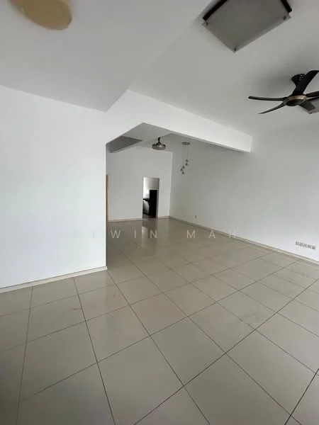 Room features: white painted walls, tile flooring, exposed ceiling with beams, ceiling fan, recessed downlights, open layout, large open space, neutral color scheme; style: modern.