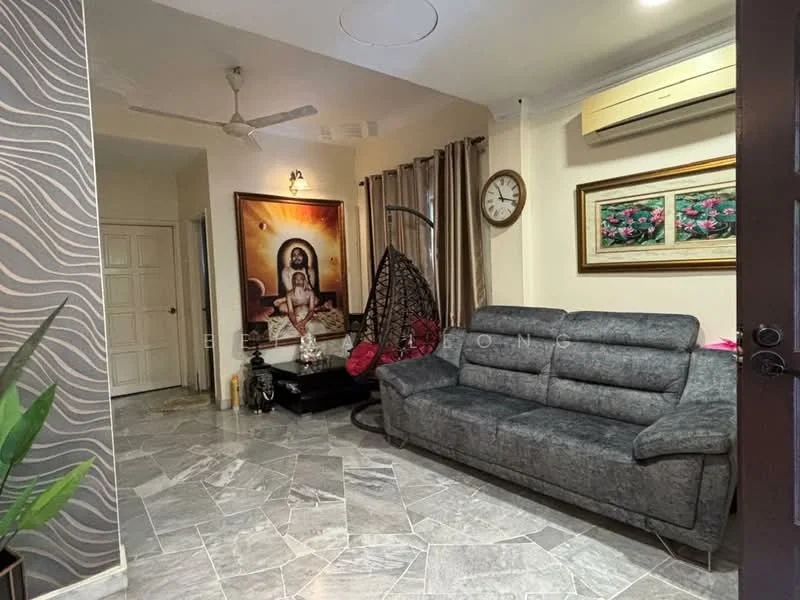 Living features: grey fabric sofa, coffee table, wall-mounted clock, framed artwork, hanging chair, ceiling fan, curtains, marble tile flooring, decorative plant, wall with patterned wallpaper, light-colored walls, air conditioning unit; style: contemporary.