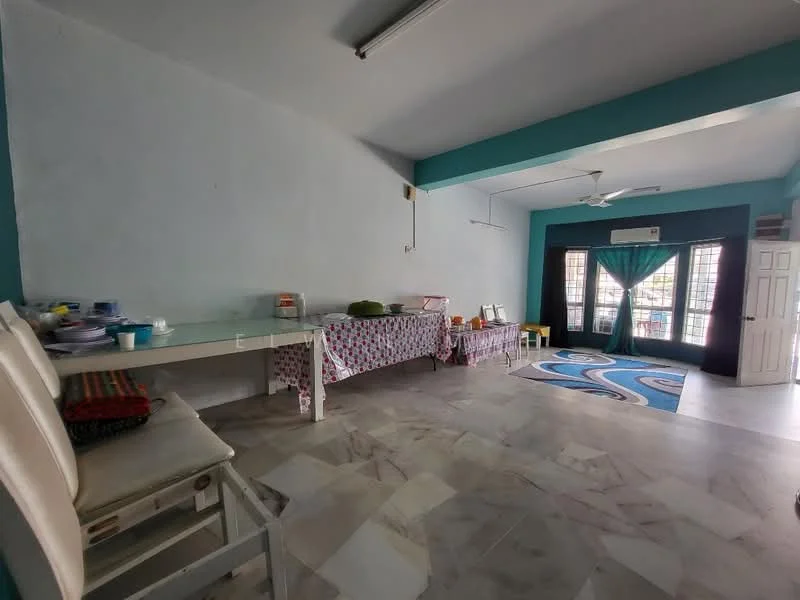 Room features: light blue painted walls, white ceiling, marble flooring, large windows with black frames, ceiling fan, dining table with tablecloth, area rug with abstract pattern, white door, multiple seating options, natural light from windows; style: modern; view: city.