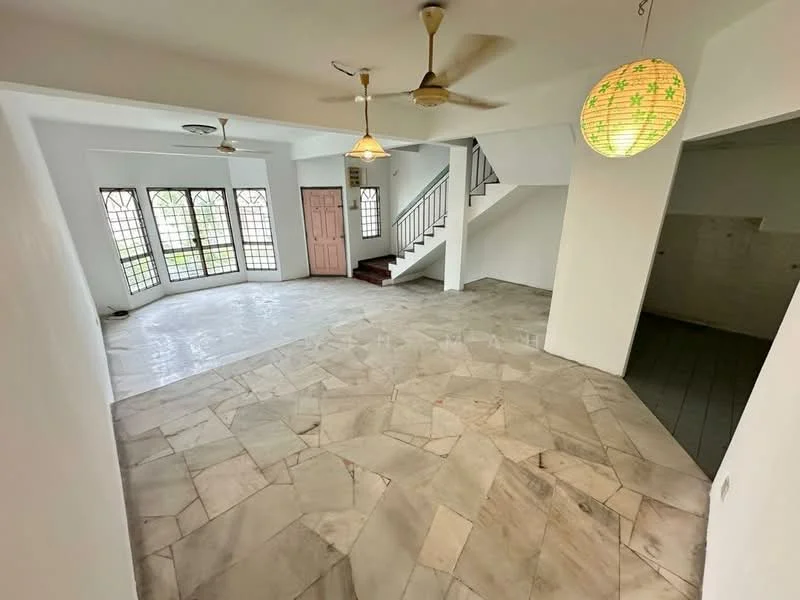 Living features: marble flooring, white painted walls, ceiling fan, 2-blade ceiling fan, pendant light with green pattern, floor-to-ceiling windows, double-door entry, staircase, open layout, natural light; style: modern; view: garden. Room features: white painted walls, marble flooring.