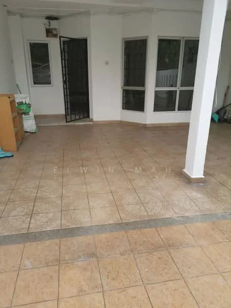 Exterior features: tiled flooring, covered patio, white painted walls, black metal gate, large windows, outdoor space, sliding glass door, light fixtures; style: modern.