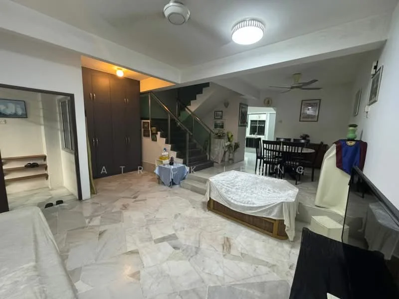 Living features: marble flooring, white painted walls, ceiling fan, recessed downlights, large windows, wooden dining table, upholstered chairs, staircase with wooden railing, decorative plants, wall-mounted artwork; style: modern.