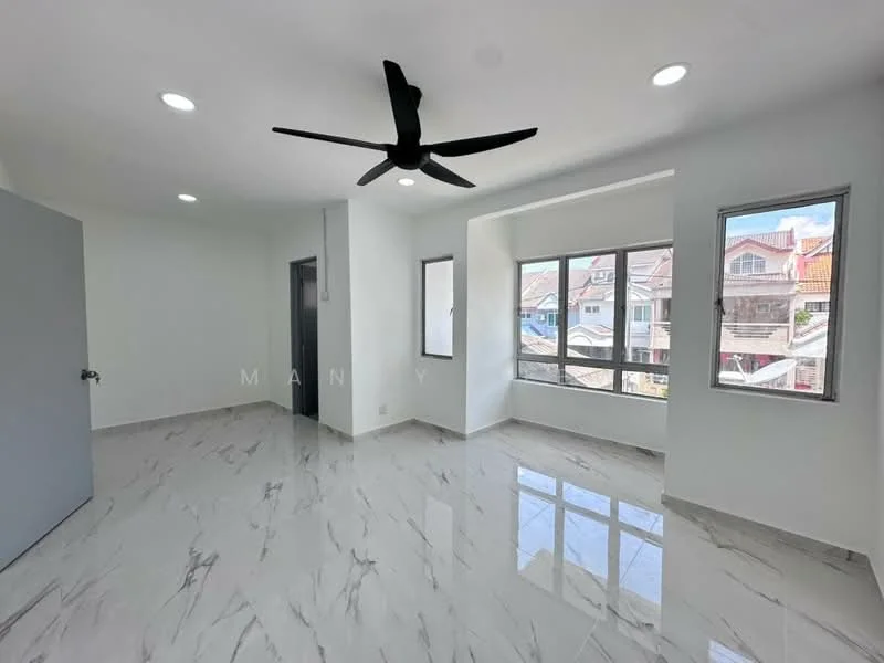 Room features: white painted walls, marble tile flooring, 5-blade ceiling fan with light, floor-to-ceiling windows, sliding window, natural light from windows, corner window, light fixtures; style: modern; view: city.