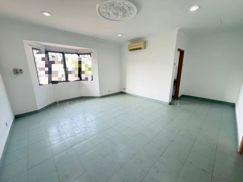 Room features: white painted walls, green tiled flooring, tray ceiling with decorative plaster, floor-to-ceiling windows, wall-mounted split AC, no visible furniture or decor.
