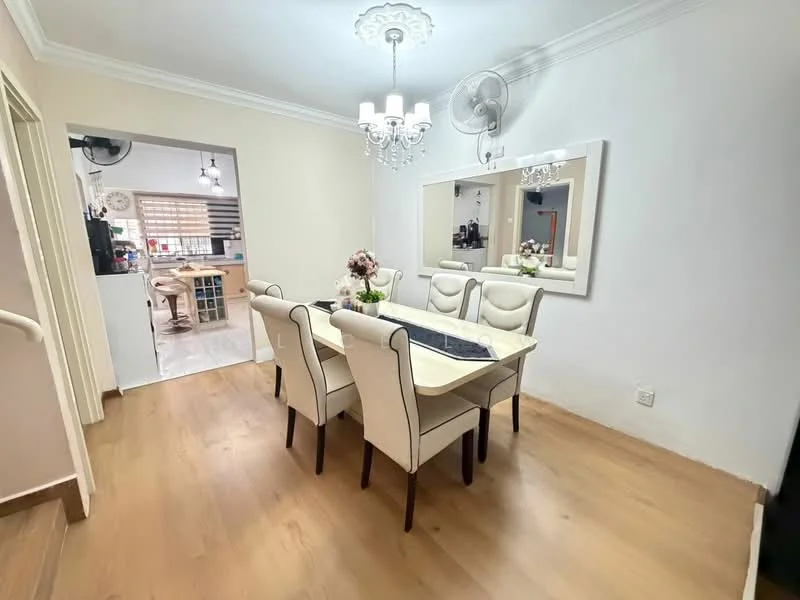 Dining features: 6-seater dining table with cream upholstery, wooden dining chairs, chandelier with multiple bulbs, white painted walls, wooden flooring, mirror on wall, decorative flower arrangement, ceiling fan with light; style: modern. Kitchen features: open layout to dining area, visible cabinetry, countertop, kitchen appliances visible.