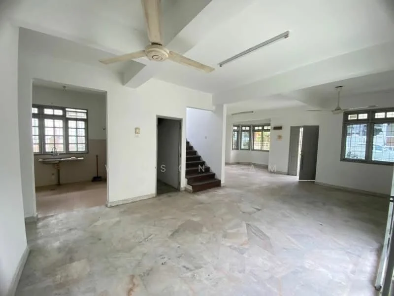 Living features: marble flooring, white painted walls, 5-blade ceiling fan, large windows, open layout, staircase leading to upper floor, natural light, neutral color palette; style: modern. Kitchen features: tile flooring, white painted walls, large window, kitchen counter, sink area, unknown appliances.