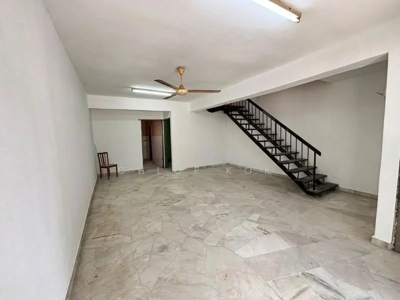 Room features: white painted walls, marble flooring, ceiling fan, staircase with black railing, single wooden chair, recessed ceiling lights; style: minimalist.