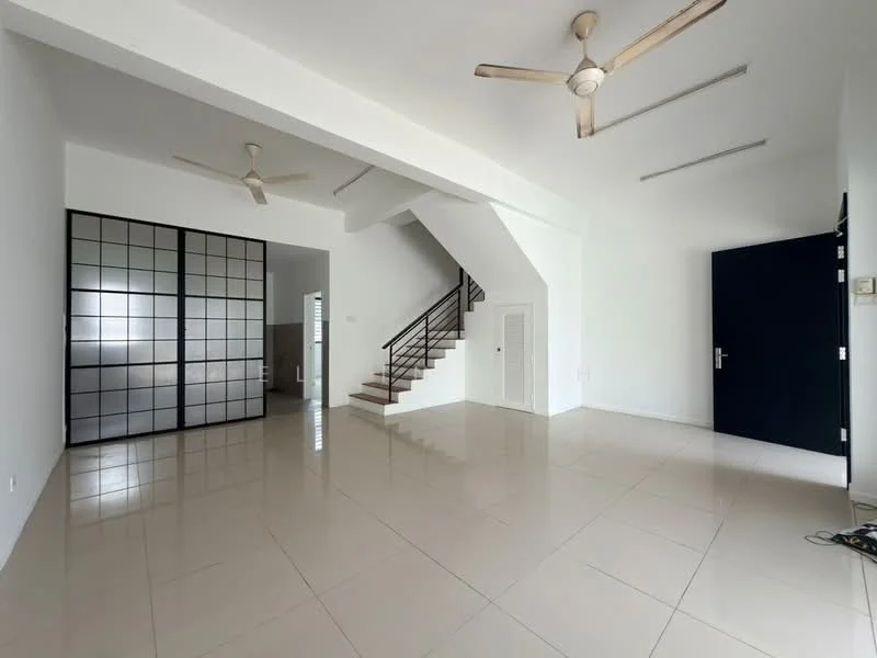 Living features: white painted walls, glossy ceramic tile flooring, 5-blade ceiling fan, 2 ceiling fans, staircase with wooden railing, large glass sliding door, black framed glass partition, neutral color scheme, open layout, natural light from windows; style: modern.