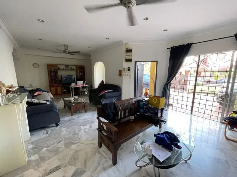 Living features: marble flooring, 5-blade ceiling fan, sofa in dark fabric, wooden coffee table, glass-top side table, TV console, wall-mounted TV, large sliding glass door, curtains in dark fabric, decorative wall clock, open layout to adjacent area; style: contemporary; view: garden.
