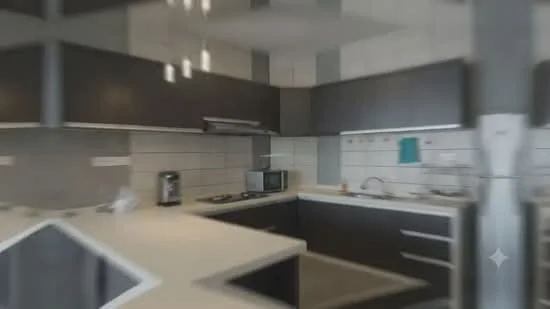 Kitchen features: dark wood cabinetry, white quartz countertop, stainless-steel sink, chrome pull-down faucet, built-in microwave, freestanding range oven, stainless-steel range hood, ceramic tile backsplash, recessed downlights, pendant lighting, open shelving, tile flooring; style: modern.