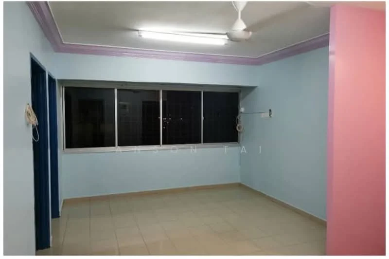 Room features: light blue painted walls, pink accent wall, white ceiling, ceiling fan, large window with grid, tile flooring, window treatments with cords, wall-mounted hook; style: modern.