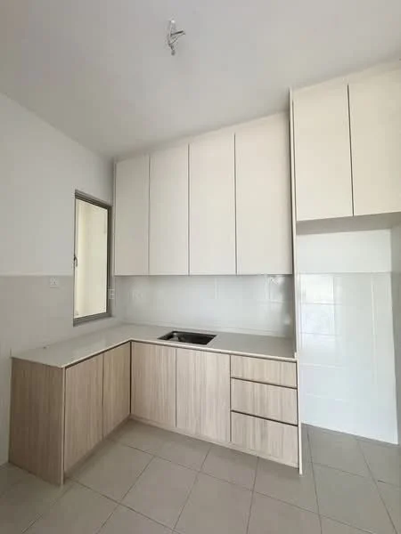 Kitchen features: L-shaped kitchen layout, white cabinetry, wooden lower cabinets, stainless-steel sink, single-bowl sink, chrome faucet, white tiled backsplash, light-colored countertop, tile flooring, window for natural light, under-cabinet lighting; style: modern.