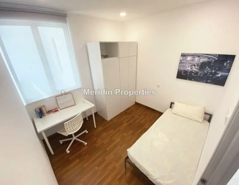 Bedroom features: single bed, white bedding, study desk, white office chair, built-in wardrobe, wooden flooring, white painted walls, large windows with sheer curtains, framed artwork on wall, ceiling light; style: modern.