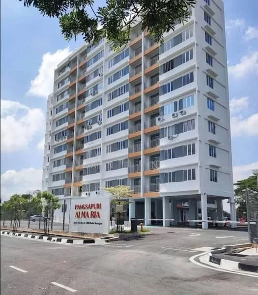 Exterior type: mid-rise condominium; features: white painted facade, glass curtain wall, balconies with orange accents, approximately 6-storey, landscaped garden area, parking lot, visible air conditioning units, signage at entrance; style: modern.