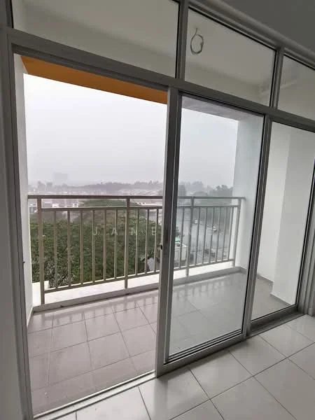Room features: sliding glass door, balcony with railing, grey tiled flooring, white walls, floor-to-ceiling windows, view of greenery; style: modern; view: garden.