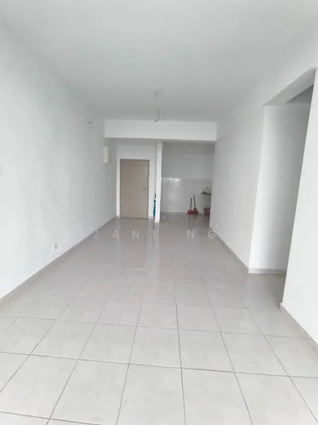 Room features: white painted walls, glossy ceramic tile flooring, recessed downlights, open layout, single door, no visible furniture, neutral color scheme, large windows, minimal decor; style: modern.